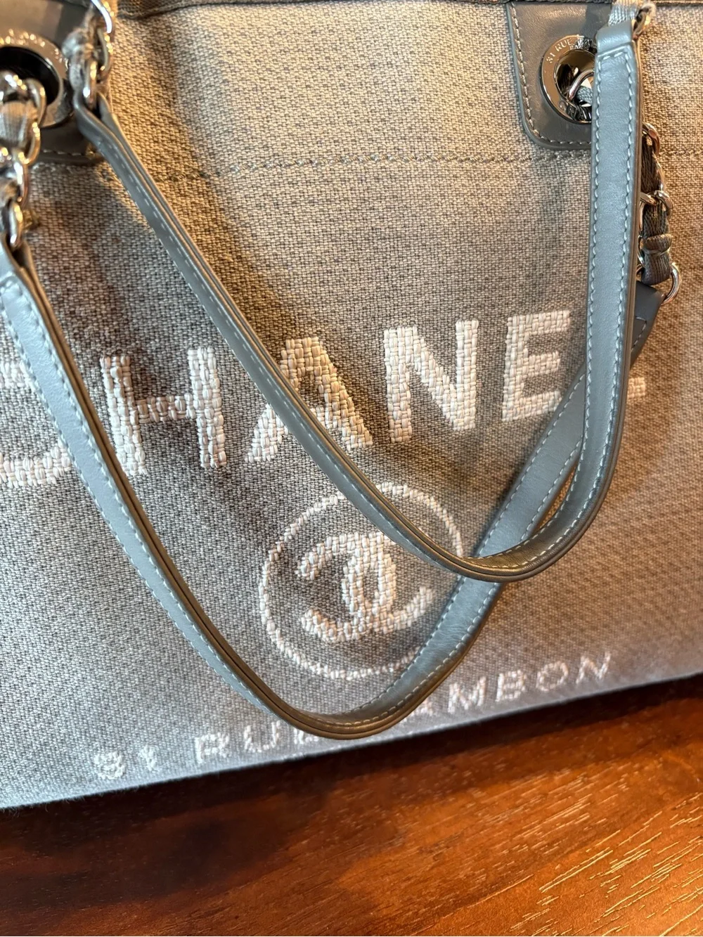 CHANEL Gray Canvas Tote with White Logo and Chain Handles